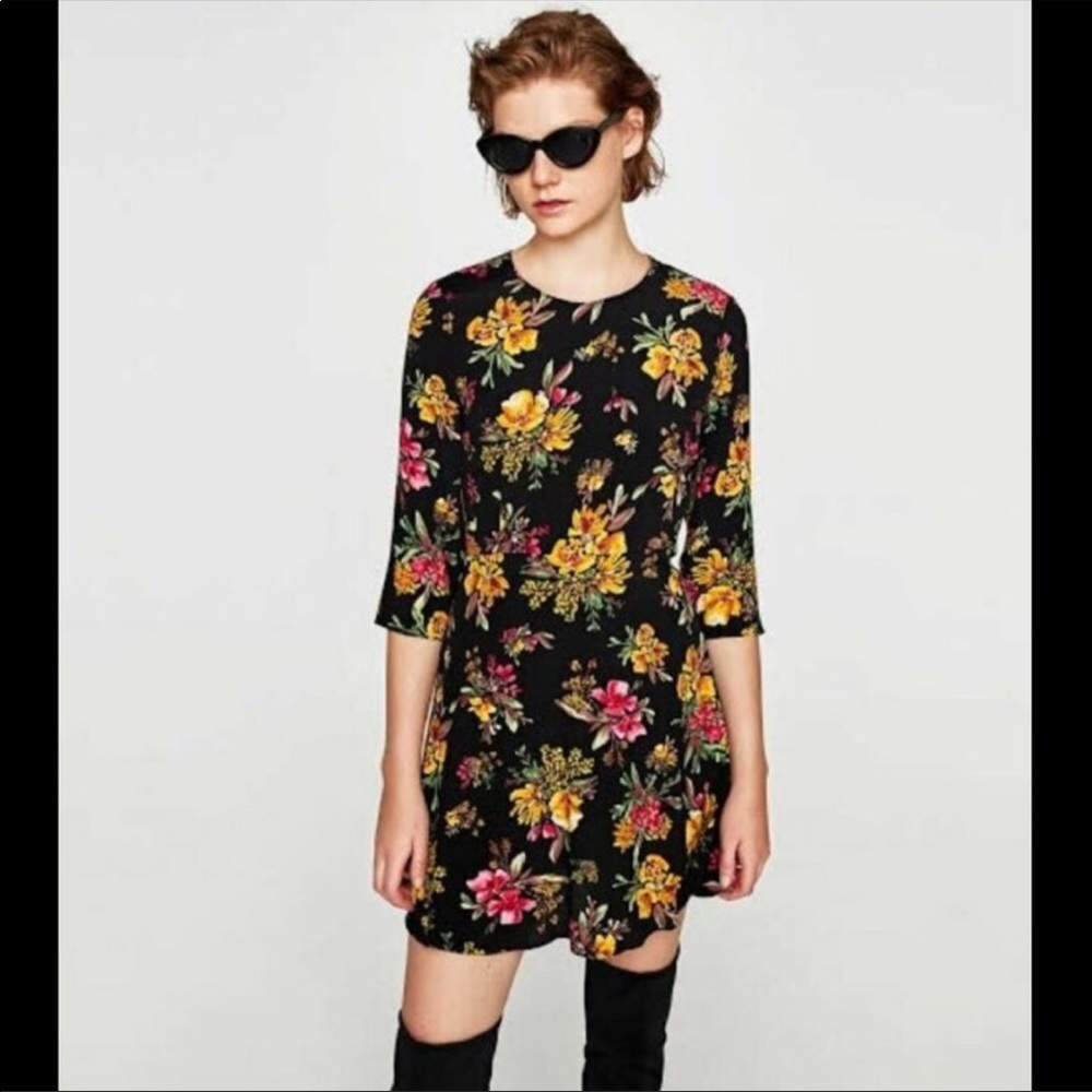 Zara Basic Collection Black Mini Dress W/ Florals - image 1